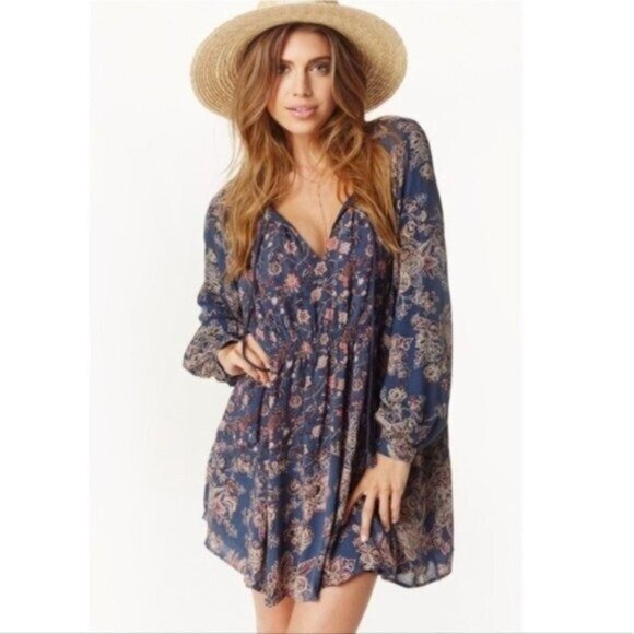 Free People Blue Floral Bohemian Mini Dress - Picture 1 of 10